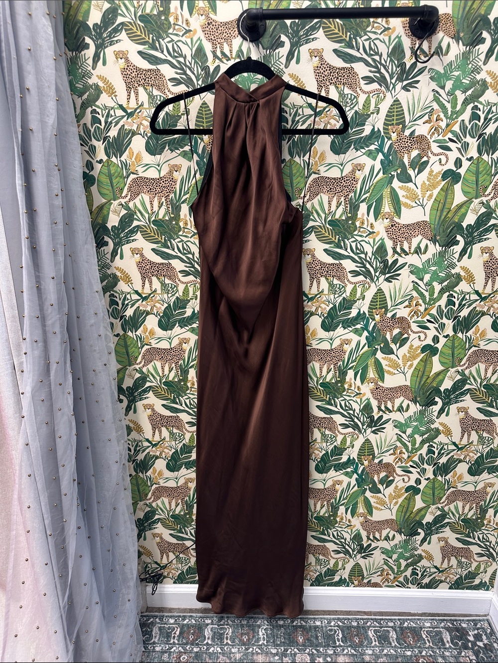 Zara Satin Halter Neck Maxi Dress in Chocolate Brown L NWT